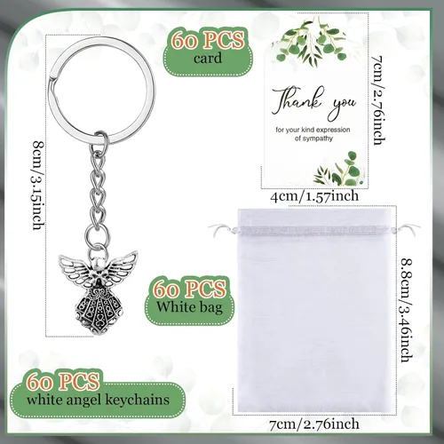 Vista 3 de Hicarer Juego de 180 piezas de regalos fúnebres de agradecimiento, 60 piezas de dijes de ángel, llavero de ángel, 60 bolsas de organza blanca, 60
