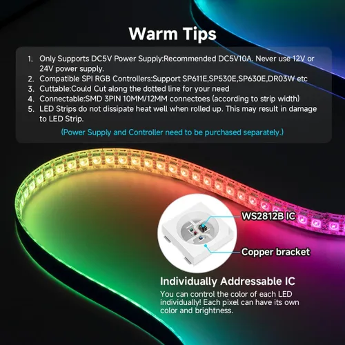 Vista 9 de SEZO WS2812B ECO Tira de luz LED 16.4 pies/5M 60 LED/m 300 píxeles, direccionable individualmente, programable, 5050SMD, RGB, aleación, cables Negro