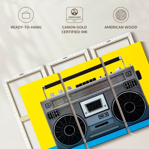 Vista 6 de ElephantStock - Retro Silver Boombox Wall Art - Horizontal Multi Panel Canvas - 3 Piece Living Room Wall Decor - Photography Music Multi Piece Wall