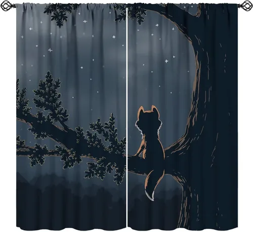 Vista 11 de Cortinas opacas de dibujos animados de animales de bosque naranja, zorro, flores, luna, hojas azules, arte abstracto, niños y niñas, decoración