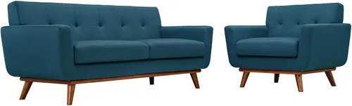 Vista 2 de Modway Engage - Sillón de una pieza tapizado con tela y sofá de dos piezas de estilo de mediados de siglo, Textil, Celeste
