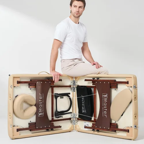 Vista 3 de Master Massage Argo - Mesa de masaje portátil de 28 pulgadas en crema con patas de nogal, cama de spa para ejercicio y masaje de mesa, cama