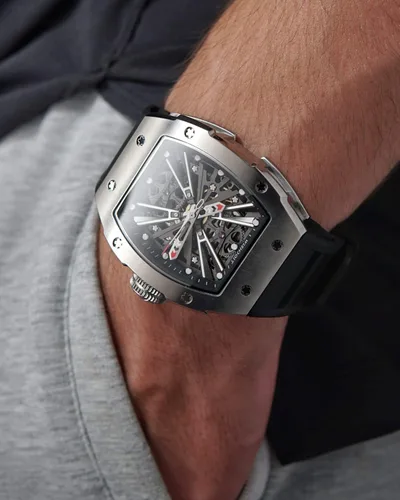 Vista 5 de WISHDOIT Relojes de pulsera mecánicos automáticos Tonneau para hombre, acero inoxidable, con forma de barril, estilo deportivo, impermeable, correa