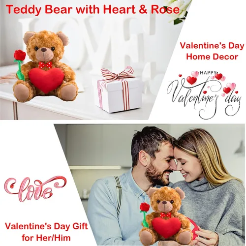 Vista 6 de Oso de peluche personalizado con foto y texto personalizado en el corazón, oso de peluche de San Valentín con lazo y rosa como regalo Im Sorry