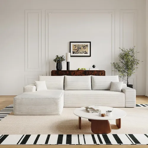 Vista 28 de Sofá modular moderno de 96 pulgadas para sala de estar, sofá modular tapizado sin hueso con bolsillos, cómodo sofá nube con diván en forma de L Negro