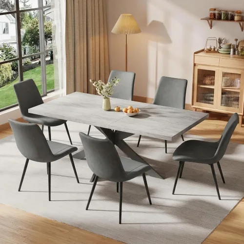Vista 30 de 6-Piece Extendable Dining Table Set, Modern 63''–79'' Grey Wood Table with 6 Grey Fabric Chairs, Dining Room Table and Chairs for 6, Ideal for 1