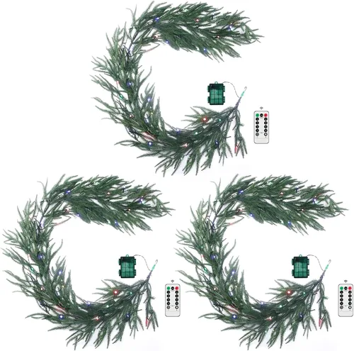 Vista 9 de Guirnalda de Navidad de pino Norfolk preiluminada de 6 pies con luces LED y control remoto – Guirnalda iluminada a pilas para repisa de chimenea