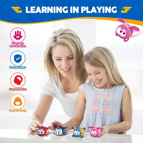 Vista 3 de Super Wings Juguetes, 4 PCS Super Pet Set, Resplandor y Cambio de Cara Transformable Juguetes Jett Donnie Paul Dizzy Pet, Juguetes Apilables
