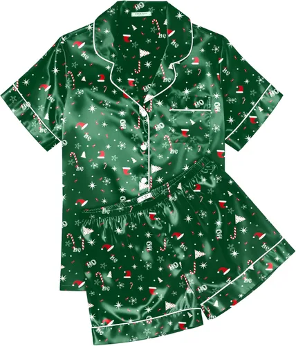 Vista 11 de Ekouaer Conjunto de pijama de satén de seda para mujer, suave, de manga corta, con botones, ropa para dormir, camiseta y pantalones cortos, juego