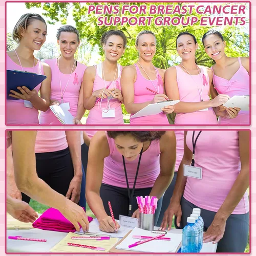 Vista 5 de JANYUN Bolígrafos de cinta rosa, accesorios para concientización sobre el cáncer de mama, 26 bolígrafos de gel rosa de tinta negra, bolígrafos a