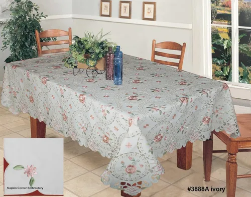 Vista 2 de Creative Linens Mantel bordado con diseño de margaritas rosas y flores pastel, 68 x 104 pulgadas, rectangular y 12 servilletas marfil primavera