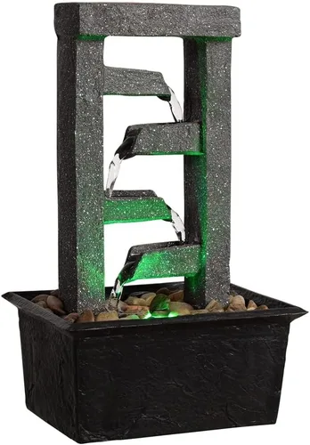 Vista 6 de GOSSI Fuente de cascada de mesa de 4 niveles de 10 pulgadas con rocas naturales de río, luces LED, función de agua interior de resina