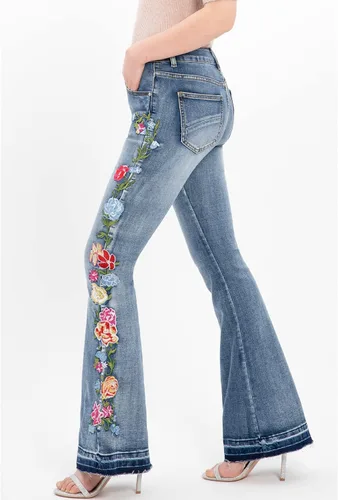 Vista 4 de Jeans acampanados bordados florales para mujer, pantalones de mezclilla retro inspirados en la vendimia