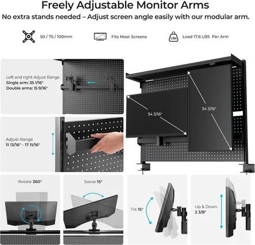 Vista 5 de EUREKA ERGONOMIC Tablero de clavijas con soporte para dos monitores, tablero de clavijas de acero para escritorio, accesorios para computadora