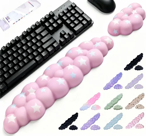 Vista 9 de Cloud - Juego de reposamuñecas para teclado y mouse, incluye un bonito posavasos, con computadoras y portátiles (juego de estrellas negras)