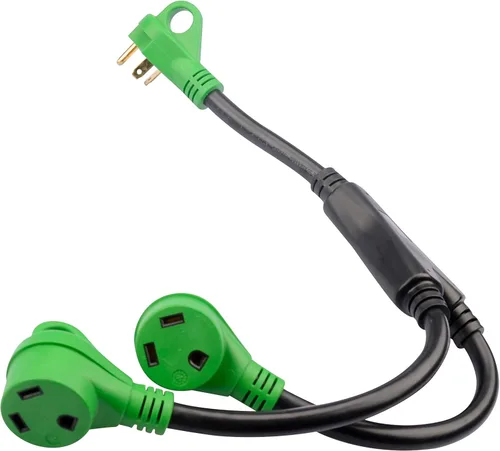 Vista 7 de RVGUARD - Cable adaptador Y para caravana con mango, dos enchufes machos TT-30 de 30 amperios a hembra 14-50 de 50 amperios, color verde Dos