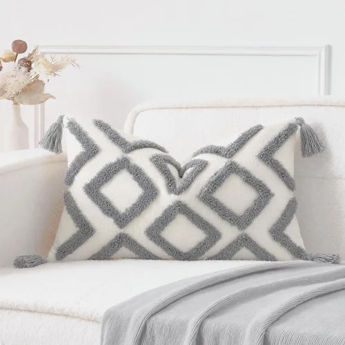 Vista 8 de PANOD - Juego de 2 fundas de cojín decorativas de estilo granja, súper suaves, con patrón de diamante sólido, con penachos y borlas, modernas Gris
