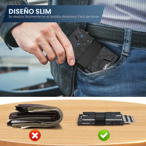 Vista 3 de AUTLEY Cartera de tarjetas para hombre Fibra de carbono de punto azul+negro
