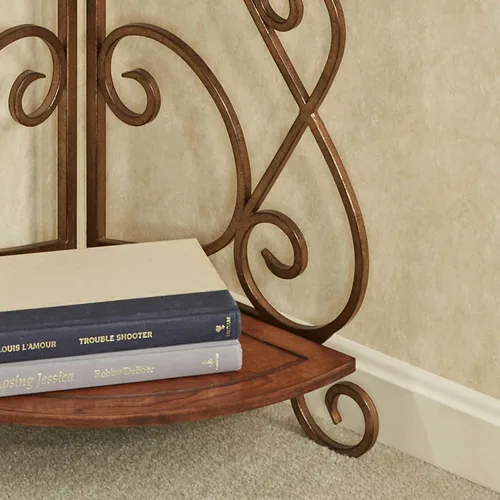 Vista 5 de Touch of Class Meyda Scrolling Corner Shelf Etagere Madera de cerezo natural, marco de metal con acabado de bronce, estante de esquina que ahorra
