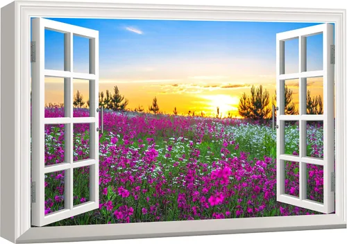 Vista 19 de wall26 - Cuadro en lienzo para pared, vista de ventana, atardecer neón, cielo, palmera tropical, playa, naturaleza, desierto, fotografía, realismo