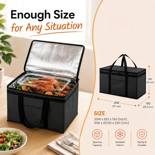 Vista 5 de Bolsa térmica XXL aislada y calentador de alimentos para entrega y compras de comestibles con parte superior con cremallera, color negro
