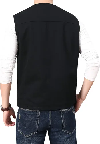 Vista 2 de PRIJOUHE Chaleco casual de algodón para hombre, ligero y transpirable, con múltiples bolsillos, para pesca, safari, viajes, al aire libre