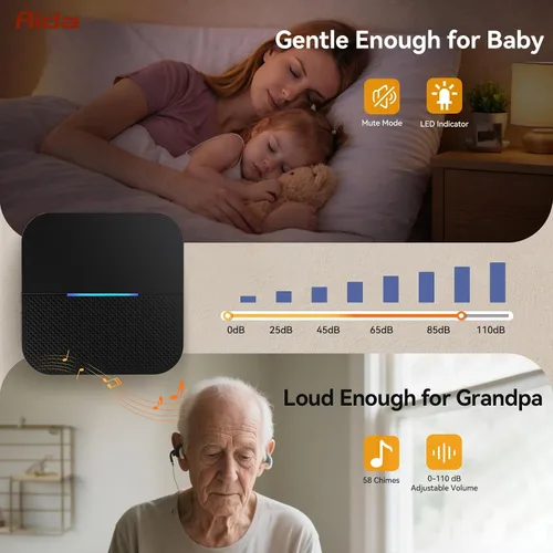 Vista 3 de AIDA Timbre de puerta, sensor de contacto abierto inalámbrico para puerta, timbre de alarma con rango de 600 pies, 58 campanillas, 5 niveles