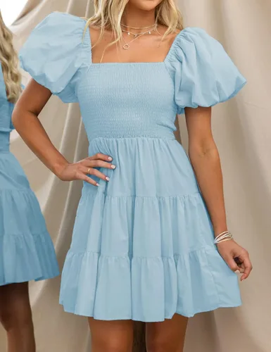 Vista 3 de ZESICA Vestido corto bohemio de verano para mujer, con cuello cuadrado, manga abombada, hombros descubiertos, fruncido, escalonado, casual