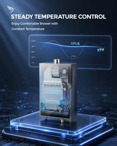 Vista 3 de APUS Calentador de agua sin tanque de gas natural, hasta 3.6 GPM, calentador de agua sin tanque para interiores, 80,000 BTU bajo demanda
