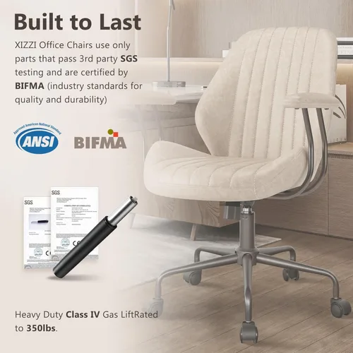 Vista 6 de Silla de oficina Mid Century Modren, silla ejecutiva giratoria con soporte lumbar, silla de escritorio ergonómica de respaldo medio con ruedas Beige