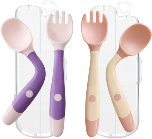 Vista 10 de Utensilios para niños pequeños con estuche de viaje, cuchara y tenedor para el aprendizaje de autoalimentación, cubiertos con mango flexible