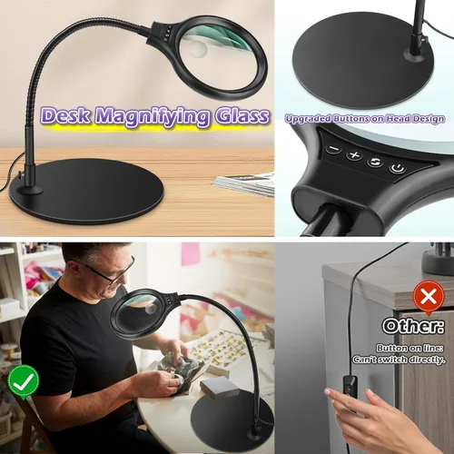 Vista 4 de NZQXJXZ Lupa de escritorio de 10 x 20 veces con luz y soporte, lámpara de aumento con 3 modos de color, luz iluminada para manualidades manos