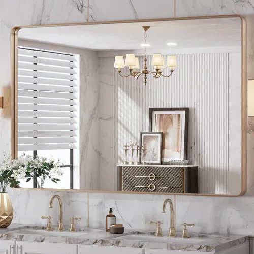 Vista 8 de LOAAO 20x16 Pulgadas Espejo de Baño con Marco de Metal Negro para Pared, Espejo de Tocador de Baño de Estilo Granja, Espejo Grande Rectangular