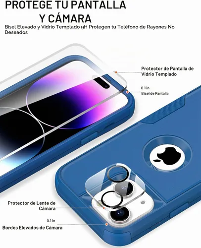 Vista 3 de Defender - Funda para iPhone 14 con clip para cinturón, 2 protectores de pantalla + protector de lente de cámara; funda protectora resistente a Azul