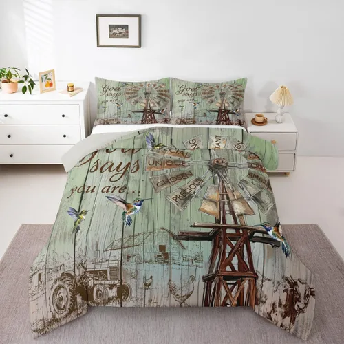 Vista 32 de Erosebridal Juego de edredón rústico de colibrí, juego de ropa de cama de molino de viento rústico para niños, adolescentes y adultos, relleno