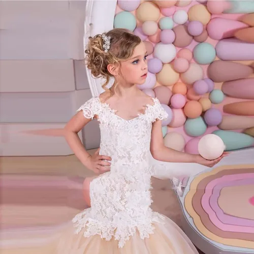 Vista 4 de Vestidos de sirena para niña de flores para boda, encaje blanco, tul champán, vestido de dama de honor con cola