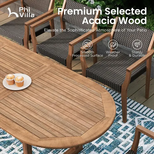 Vista 3 de PHI VILLA Juego de 7 piezas de madera de acacia para comedor al aire libre para 6, mesa y sillas de madera de teak expandibles, gran juego