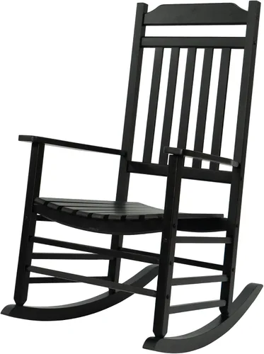 Vista 9 de Kozyard Mecedora de madera, silla mecedora de madera maciza para exteriores con respaldo alto y asiento de listones, mecedora ergonómica