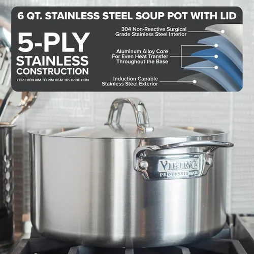 Vista 2 de Viking Olla de acero inoxidable de 5 capas, olla de cocina de sopa de 6 cuartos de galón con tapa, utensilios de cocina, acabado satinado