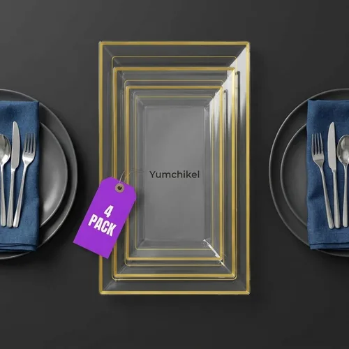 Vista 7 de Bandeja de Servir de Plástico Transparente (Paquete de 4) Bandejas y Platos Desechables Transparentes con Borde Dorado para Servir Alimentos