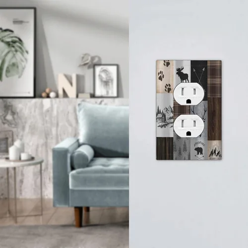 Vista 7 de Cubiertas de pared de lodge rústico retro con diseño de osos, ciervos y animales salvajes. Placas de pared dúplex simples para interruptor de luz.