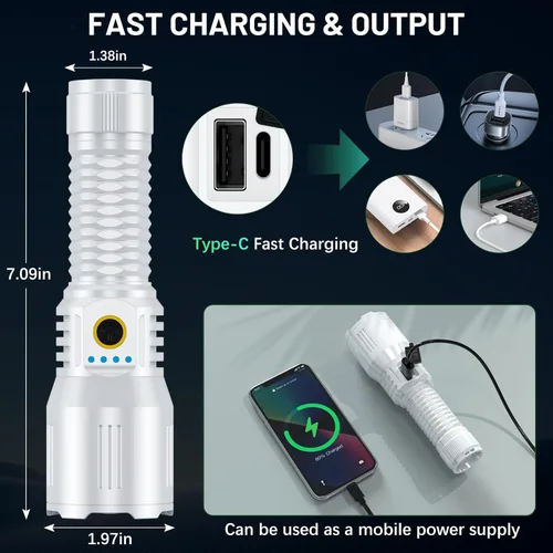 Vista 5 de Linternas láser de 5000.000 lúmenes altos, recargable, linterna LED súper brillante, 5 modos de luz de flash de alta potencia, linterna táctica