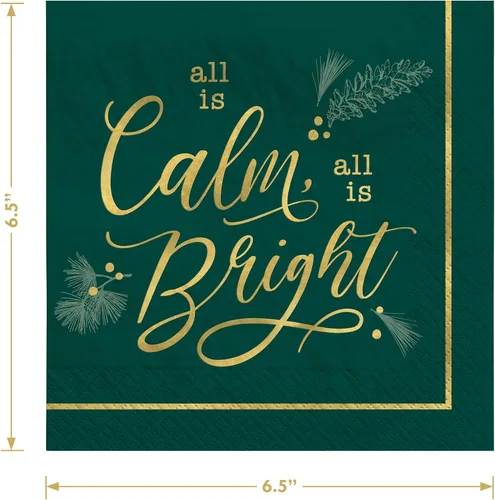 Vista 4 de HOME & HOOPLA Platos y servilletas de papel grandes para fiesta de Navidad, diseño calmado y brillante en verde y dorado moderno (para 16 personas)