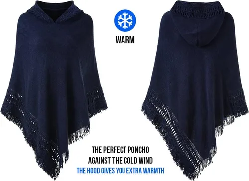 Vista 3 de Capa con capucha Ferand, con flequillo en el dobladillo, patrones de ganchillo para tejer poncho, para mujer.