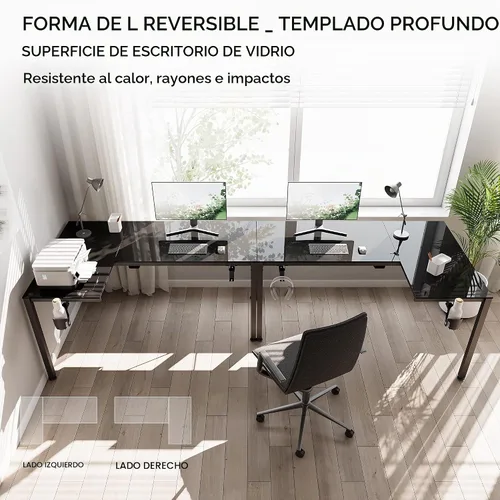 Vista 4 de EUREKA ERGONOMIC Escritorio de Juegos en Forma de L Reversible de 60 Pulgadas de Vidrio Negro con Luces LED RGB, Mesa de Computadora para Oficina