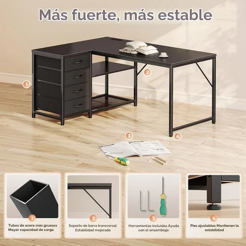Vista 8 de PRAISUN Escritorio pequeño para computadora de 43.3 pulgadas con tomas de corriente y puerto USB-C, escritorio esquinero reversible en forma de L