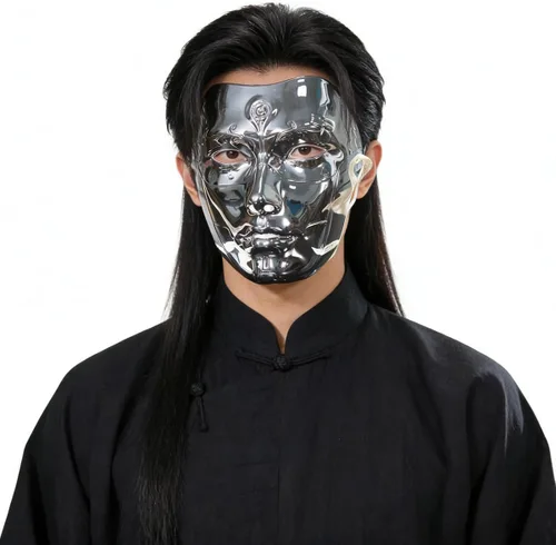 Vista 6 de Cyberpunk Poker Robot Mask for Teens & Adults (Ages 14+), White Mechanical Doll Mask with Playing Card Patterns plateado