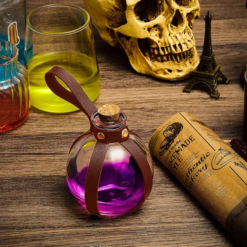 Vista 3 de Patelai 2 botellas de poción de vidrio de Halloween con cinturón, corcho, accesorios de disfraz de bruja renacentista, botella de poción para Marrón