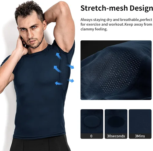 Vista 3 de Niksa Camisas de compresión para hombre, paquete de 3, camisetas de compresión atléticas de manga corta, camisetas de entrenamiento frescas y secas