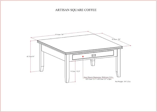 Vista 3 de SIMPLIHOME Mesa de Centro Cuadrada Artisan – Mesa de Cóctel Transicional de Madera Maciza de 36 Pulgadas de Ancho en Marrón Rojizo, Mesa Clásica